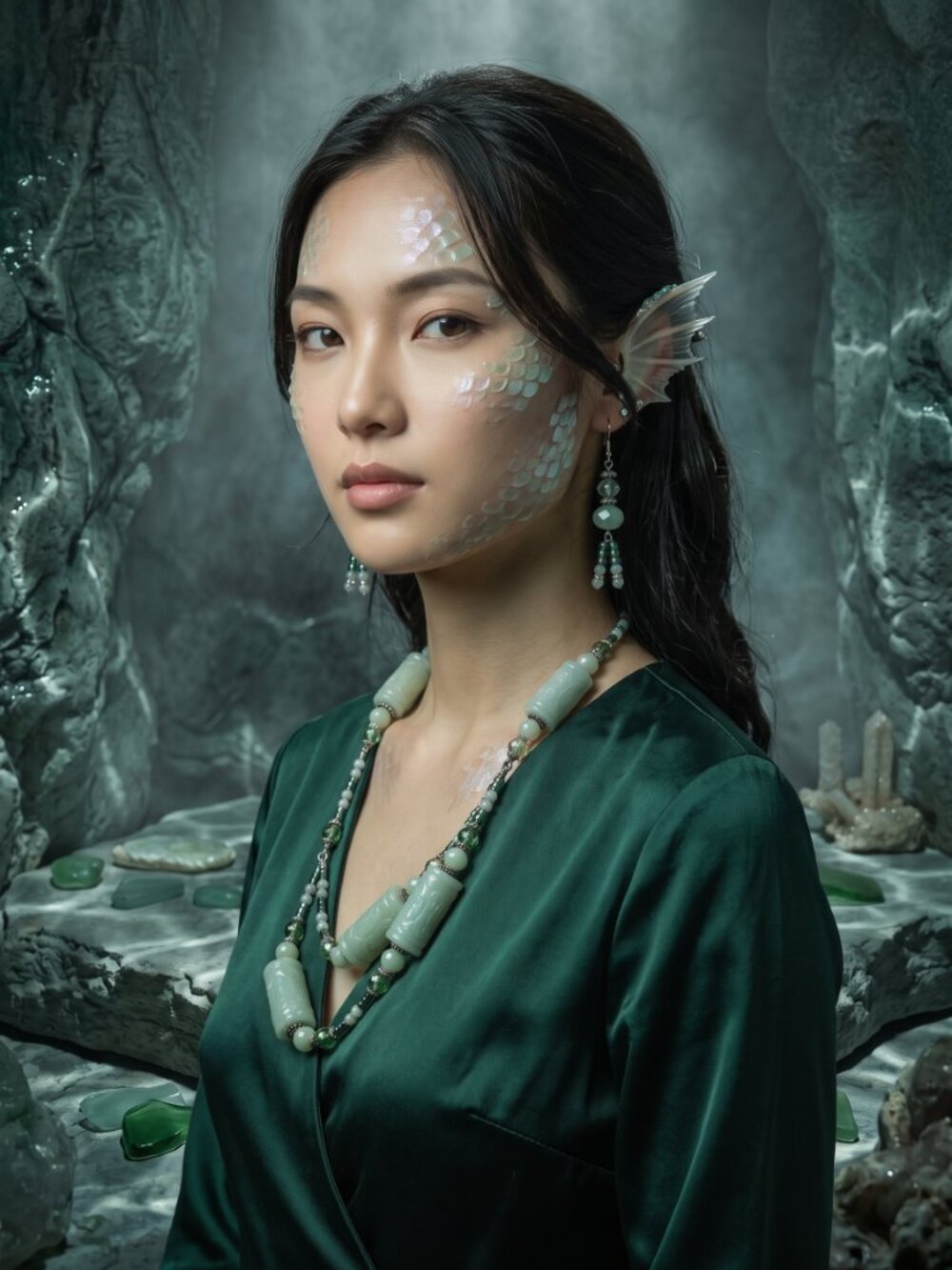 JB Originals - "Tideborn" - Vintage Green Jade & Glass Necklace Earrings Set - Picture 3 of 15